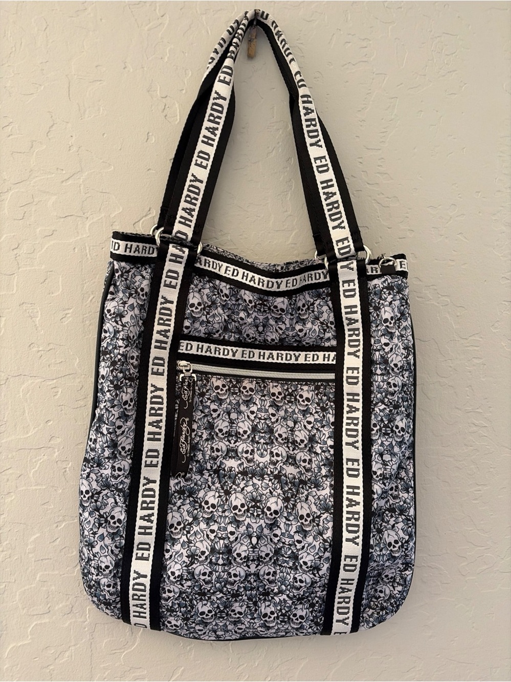 Ed Hardy Black & White Skull Print Tote Bag